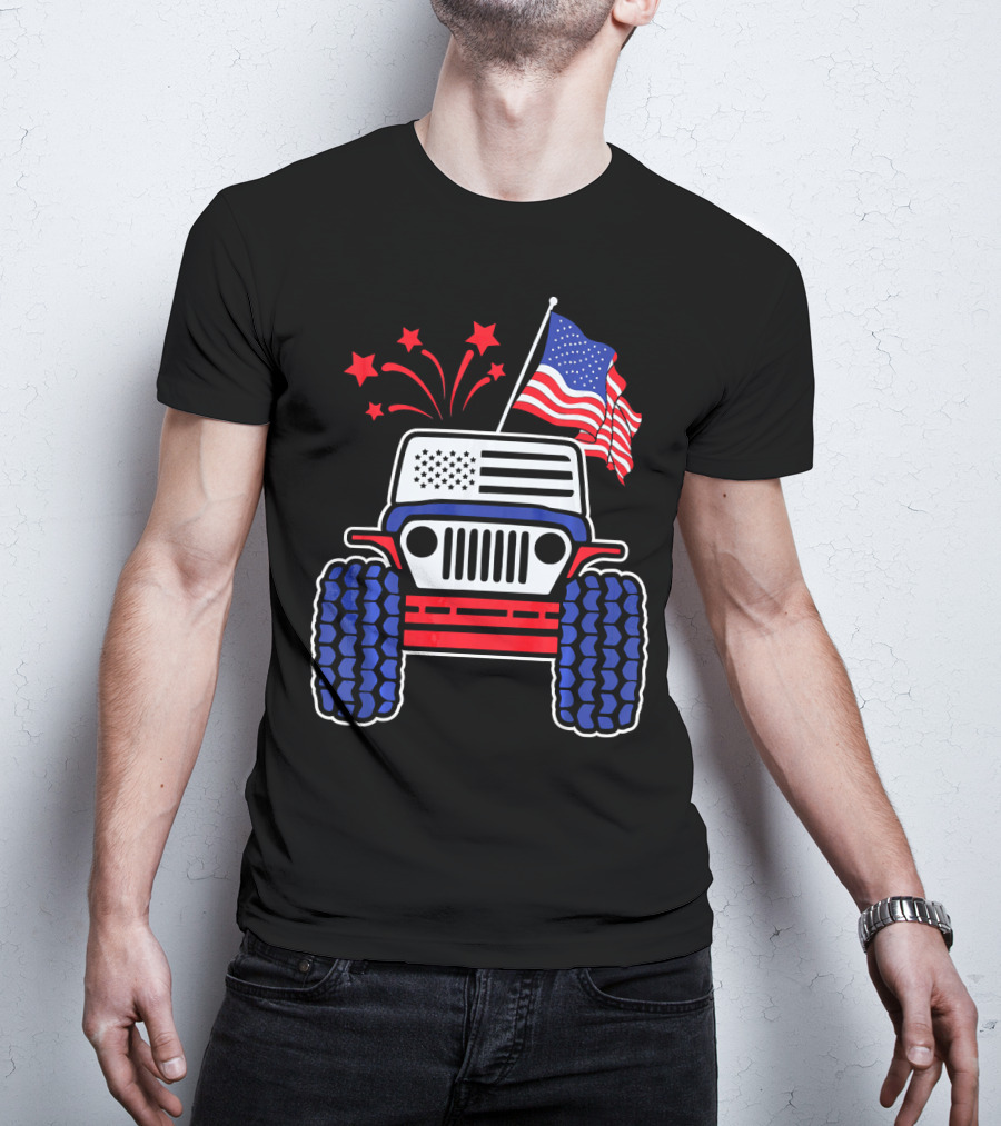 Jeep With Stars And Stripes American Flag Fireworks T-Shirt
