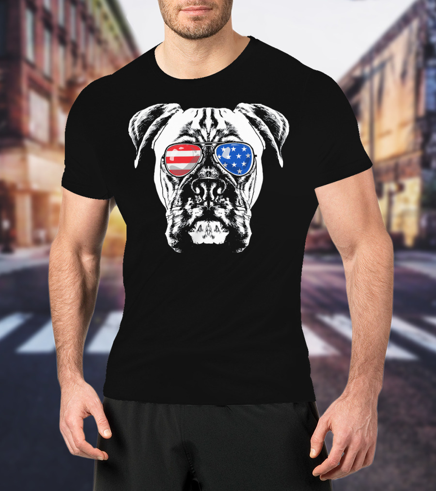 Boxer Dog American Flag Sunglasses Patriotic T-Shirt