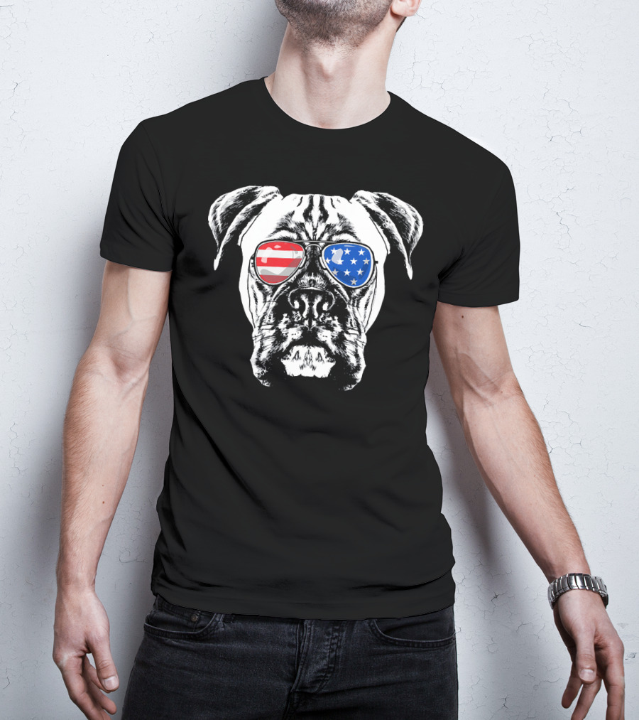 Boxer Dog American Flag Sunglasses Patriotic T-Shirt