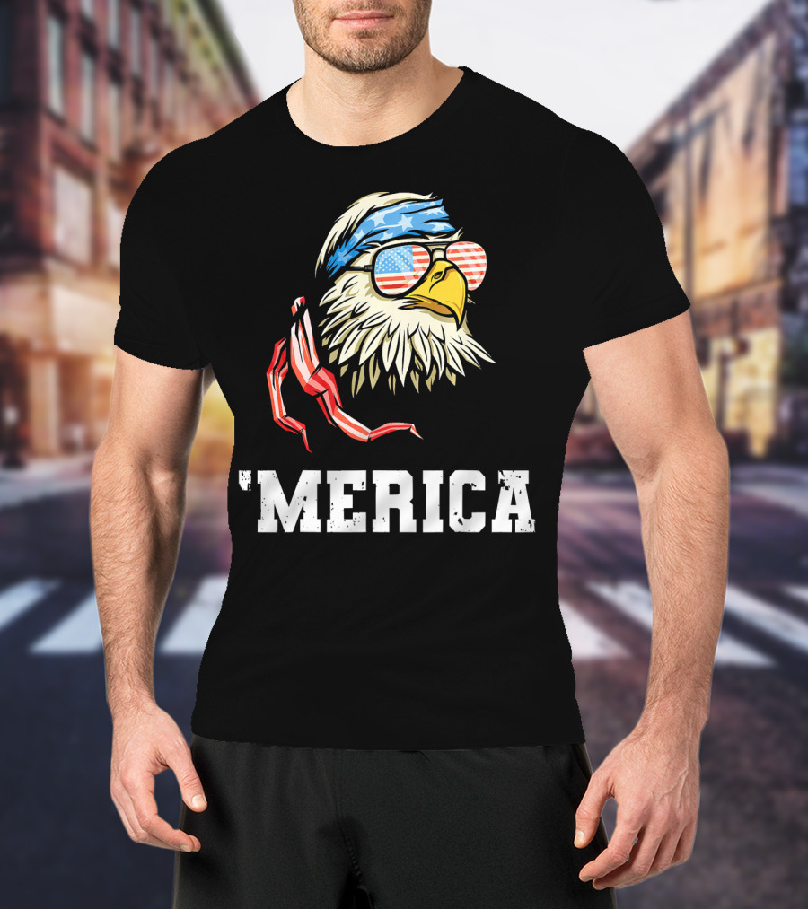 'Merica Patriotic Eagle American Flag Bandana And Sunglasses T-Shirt