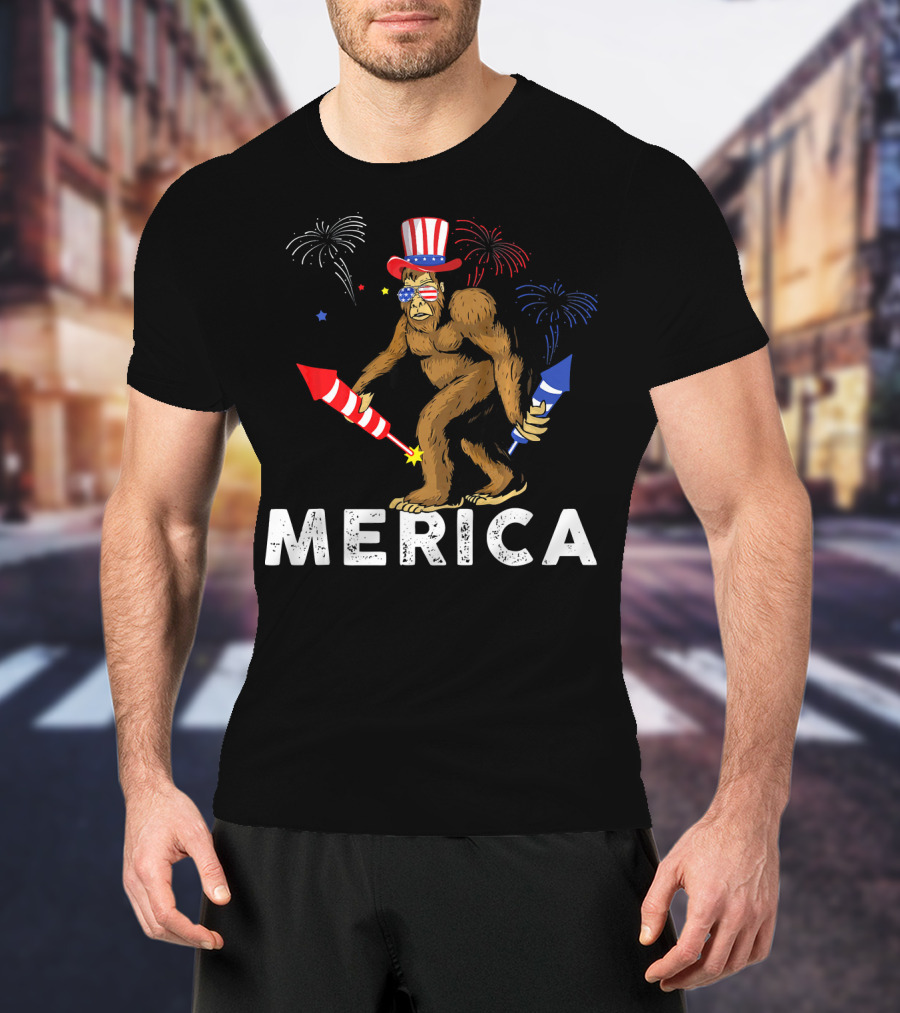Bigfoot Merica Fireworks Patriotic Hat Independence Day T-Shirt