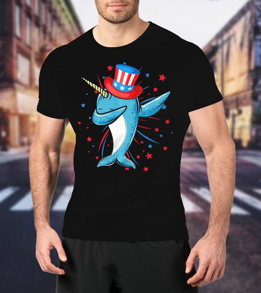 Dabbing Narwhal With Stars And Stripes Hat Firework Background T-Shirt