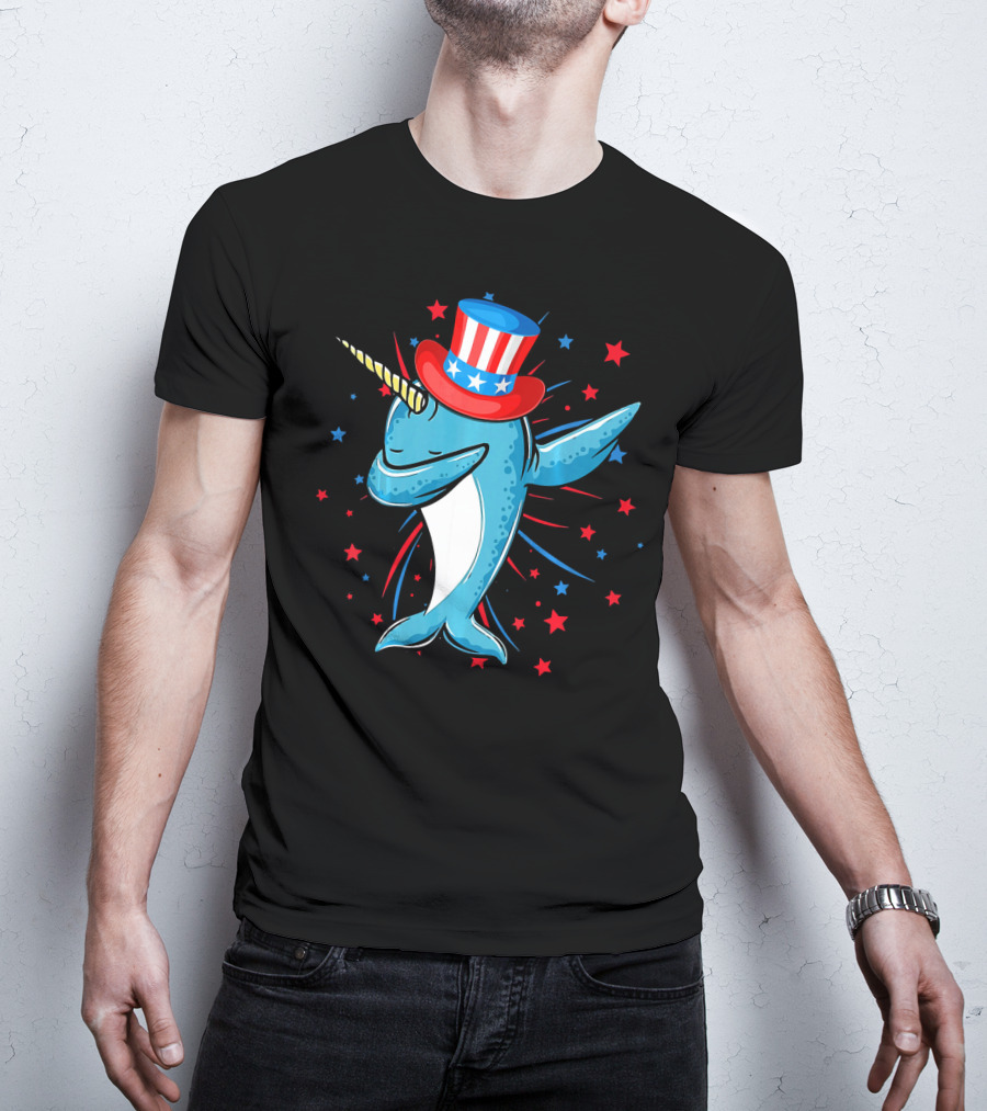 Dabbing Narwhal With Stars And Stripes Hat Firework Background T-Shirt