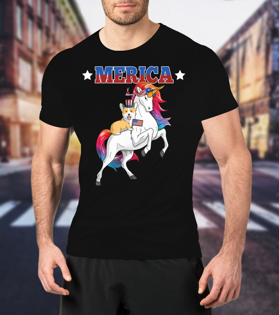 MERICA Corgi Dog Riding Unicorn With American Flag USA T-Shirt