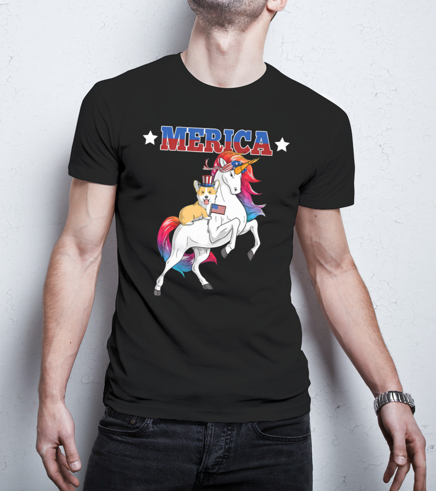 MERICA Corgi Dog Riding Unicorn With American Flag USA T-Shirt