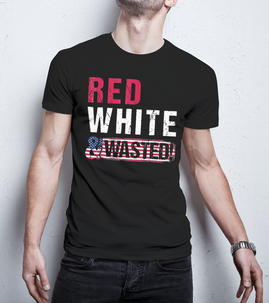 Red White And Wasted American Flag Skull T-Shirt