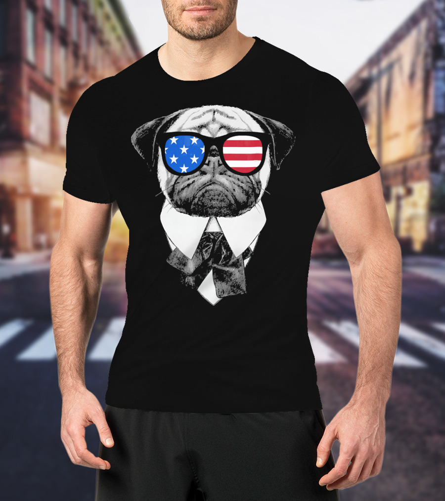 Patriotic Pug With American Flag Sunglasses And Tie T-Shirt