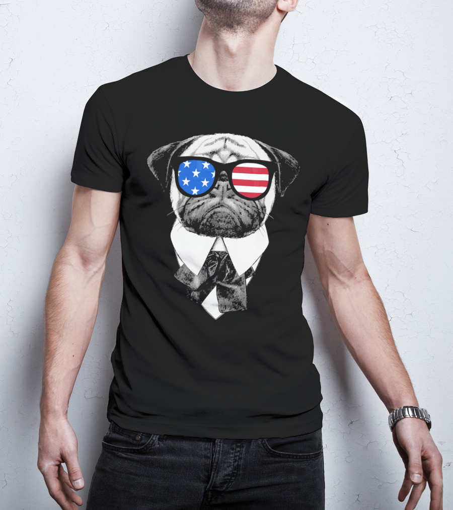 Patriotic Pug With American Flag Sunglasses And Tie T-Shirt