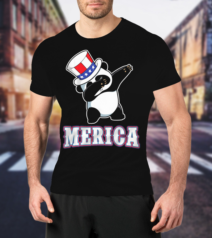 Merica Dabbing Panda In American Flag Top Hat T-Shirt
