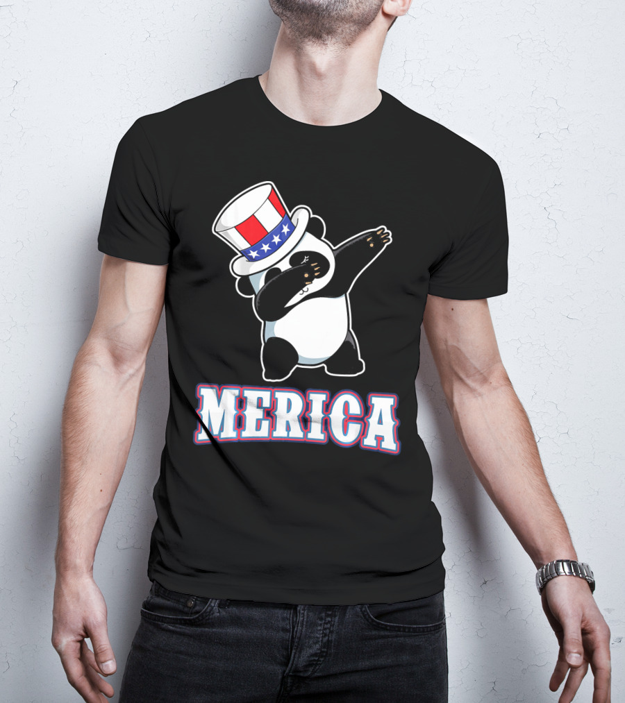 Merica Dabbing Panda In American Flag Top Hat T-Shirt