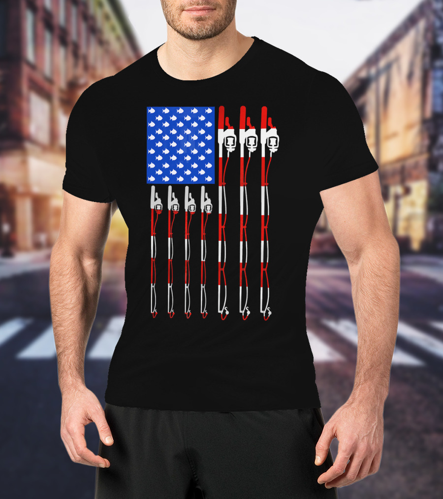 Patriotic Fishing Rod Flag Design American USA T-Shirt