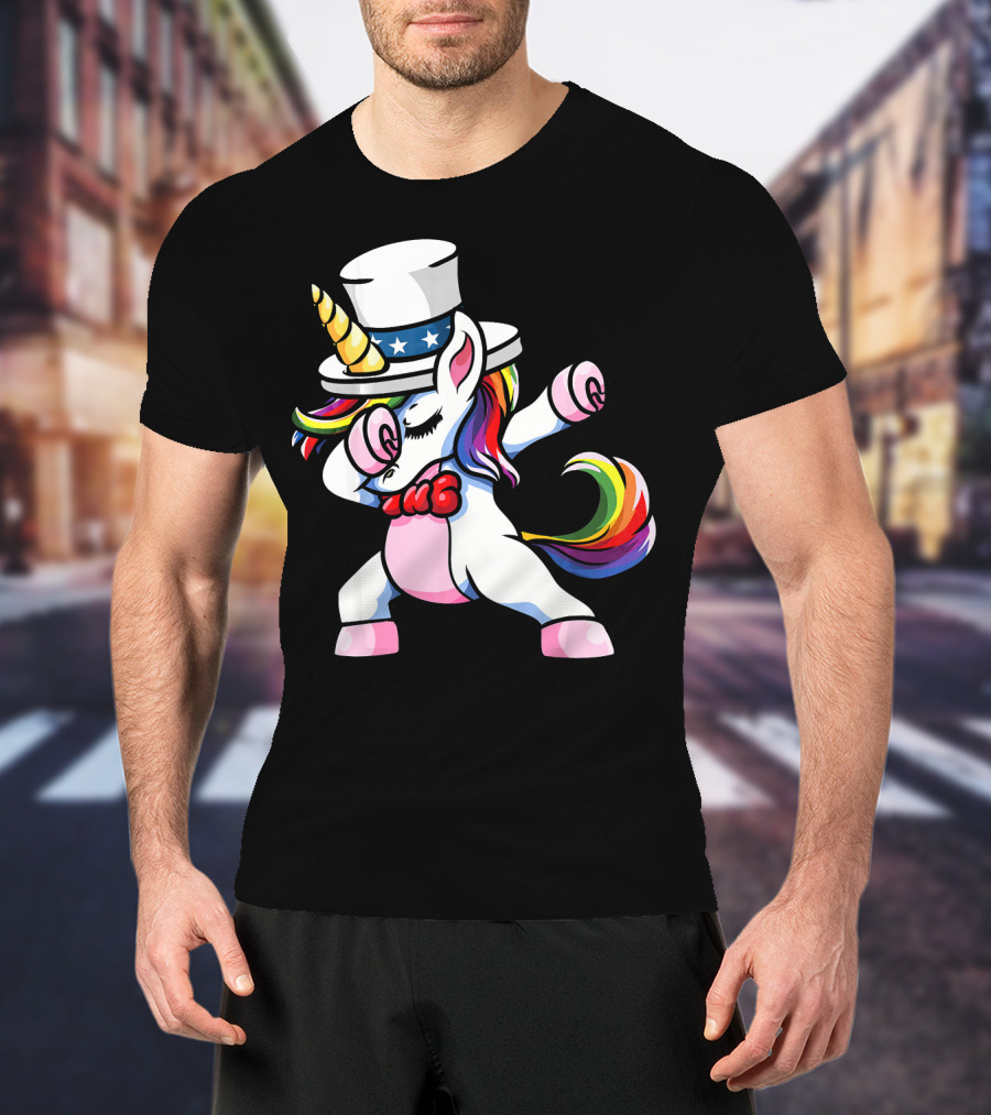 Girls Dabbing Unicorn With Patriotic American Hat T-Shirt