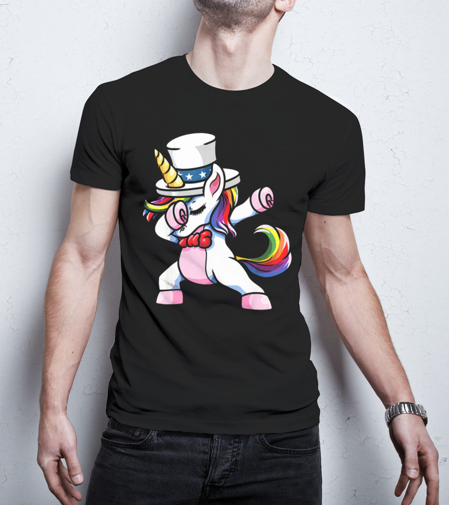 Girls Dabbing Unicorn With Patriotic American Hat T-Shirt
