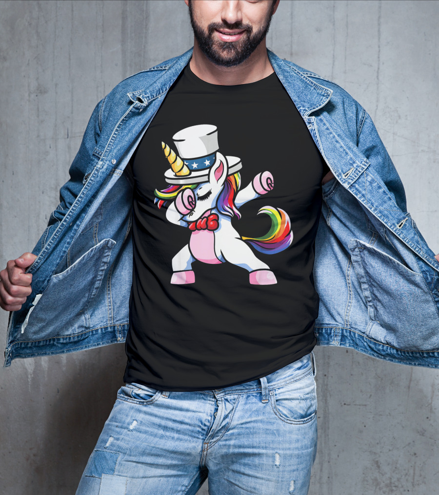 Girls Dabbing Unicorn With Patriotic American Hat T-Shirt