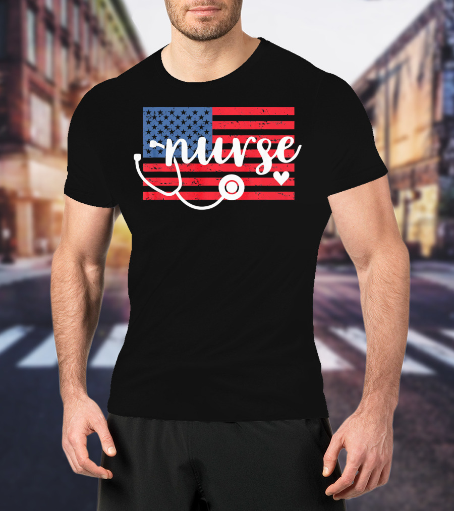 Nurse American Flag With Stethoscope And Heart T-Shirt