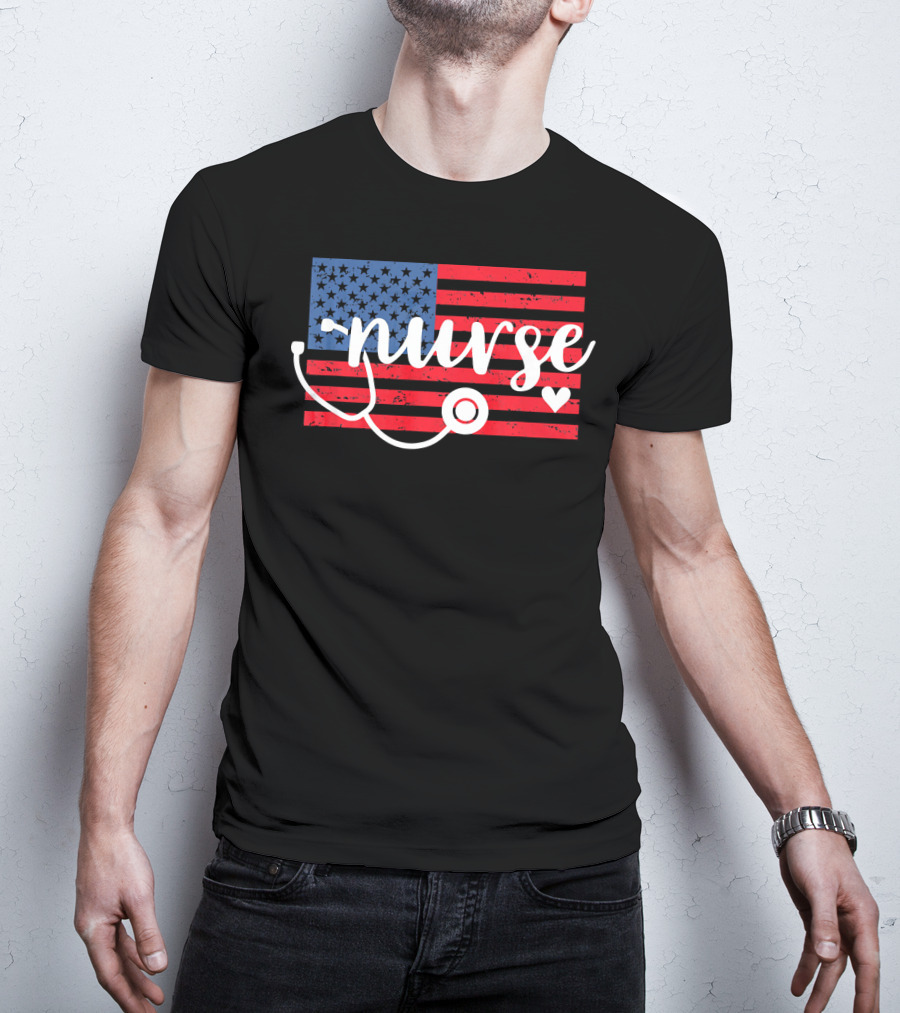 Nurse American Flag With Stethoscope And Heart T-Shirt