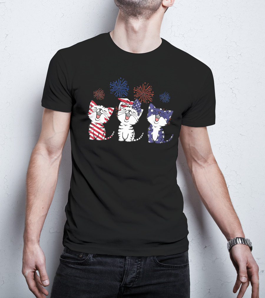 Red White Blue Cats America Celebration Fireworks T-Shirt