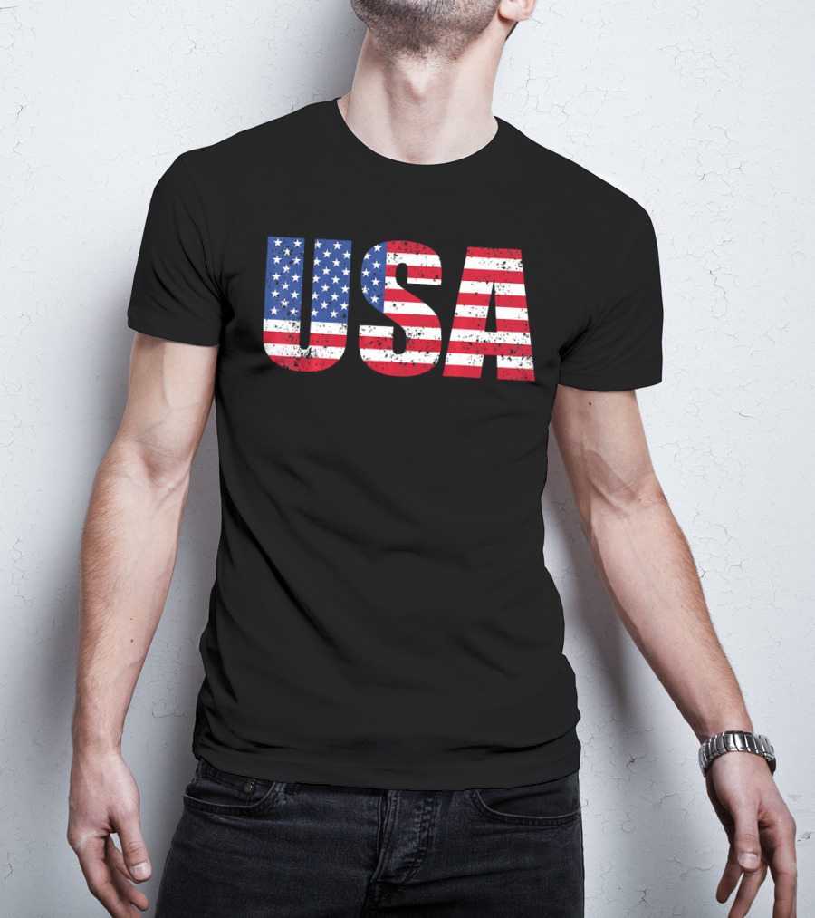 USA Flag American Patriotic Stars And Stripes Bold Lettering T-Shirt