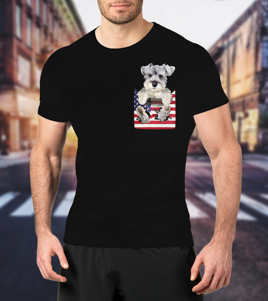 Schnauzer Dog In Pocket With American Flag T-Shirt
