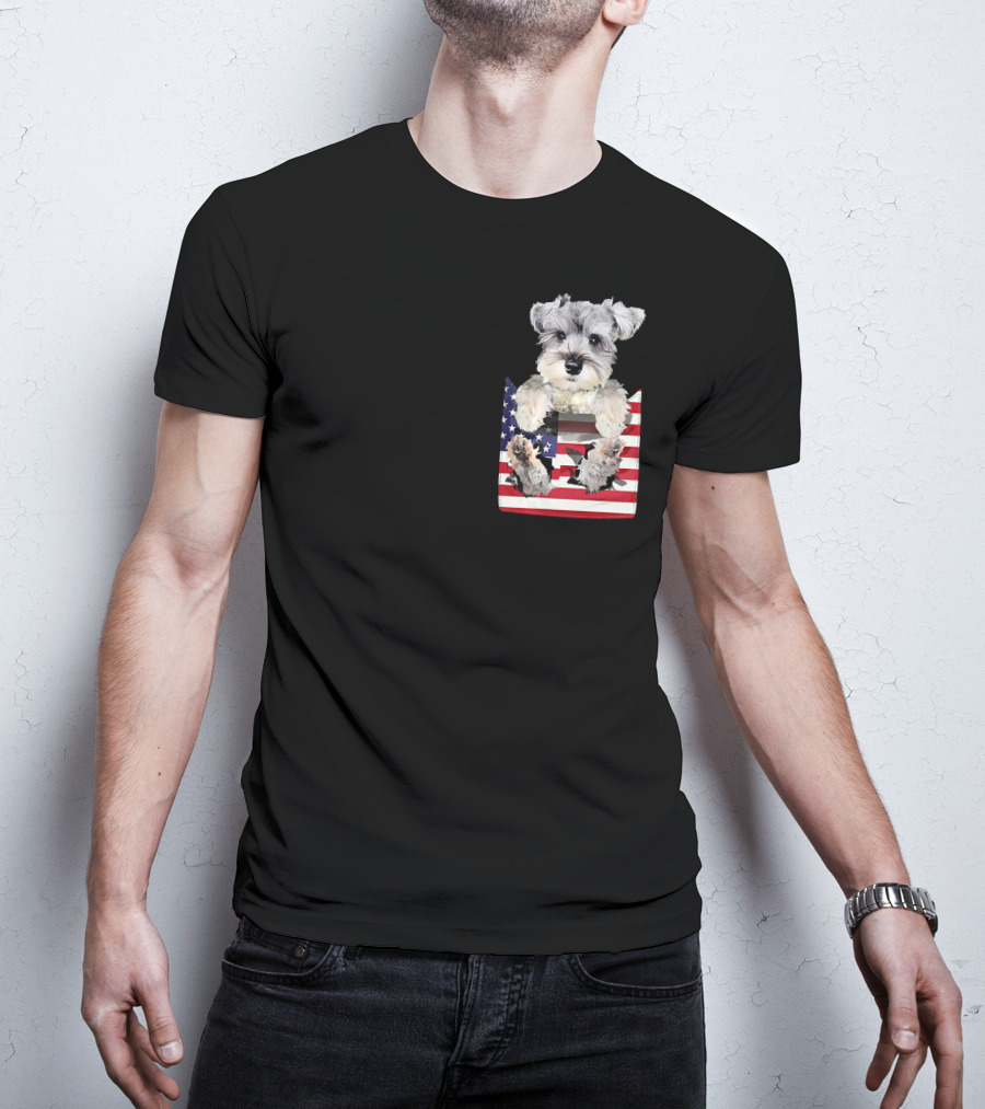 Schnauzer Dog In Pocket With American Flag T-Shirt
