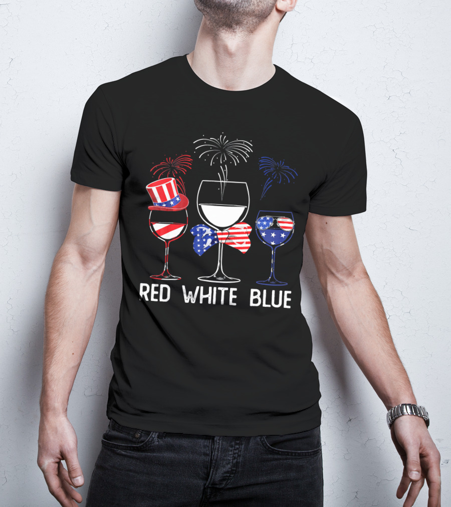 Red White Blue Wine Glasses Patriotic Fireworks USA T-Shirt