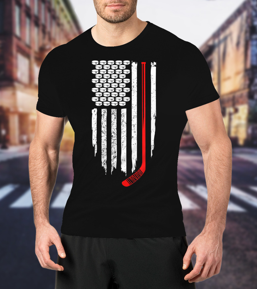 Patriotic Hockey Flag Design With Red Hockey Stick And Puck Stars T-Shirt