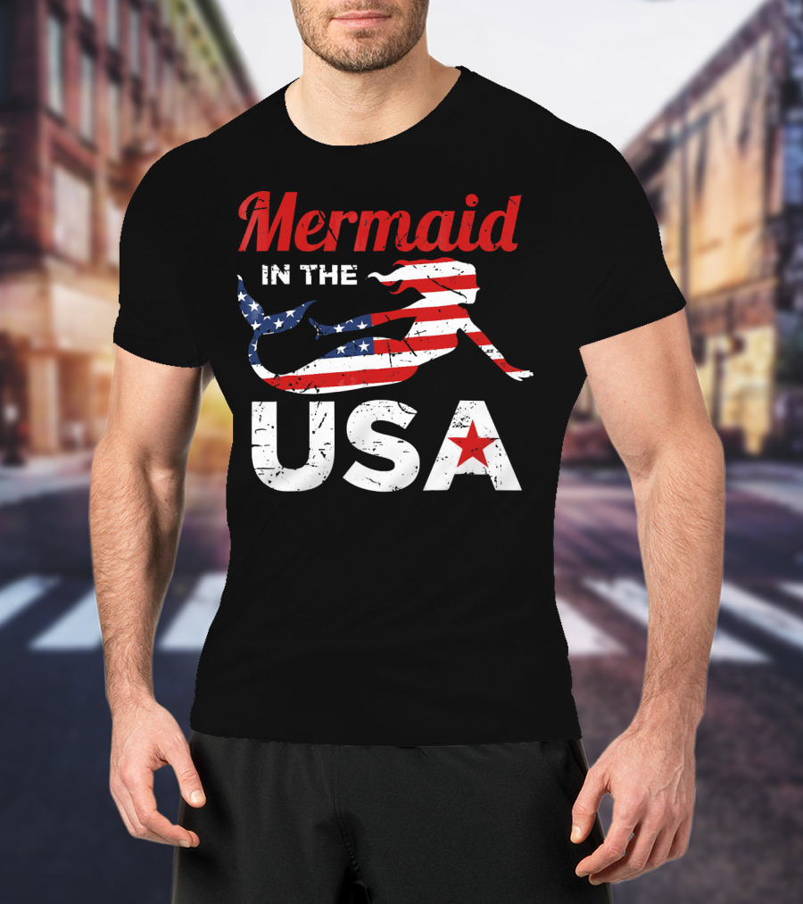 Mermaid In The USA American Flag T-Shirt