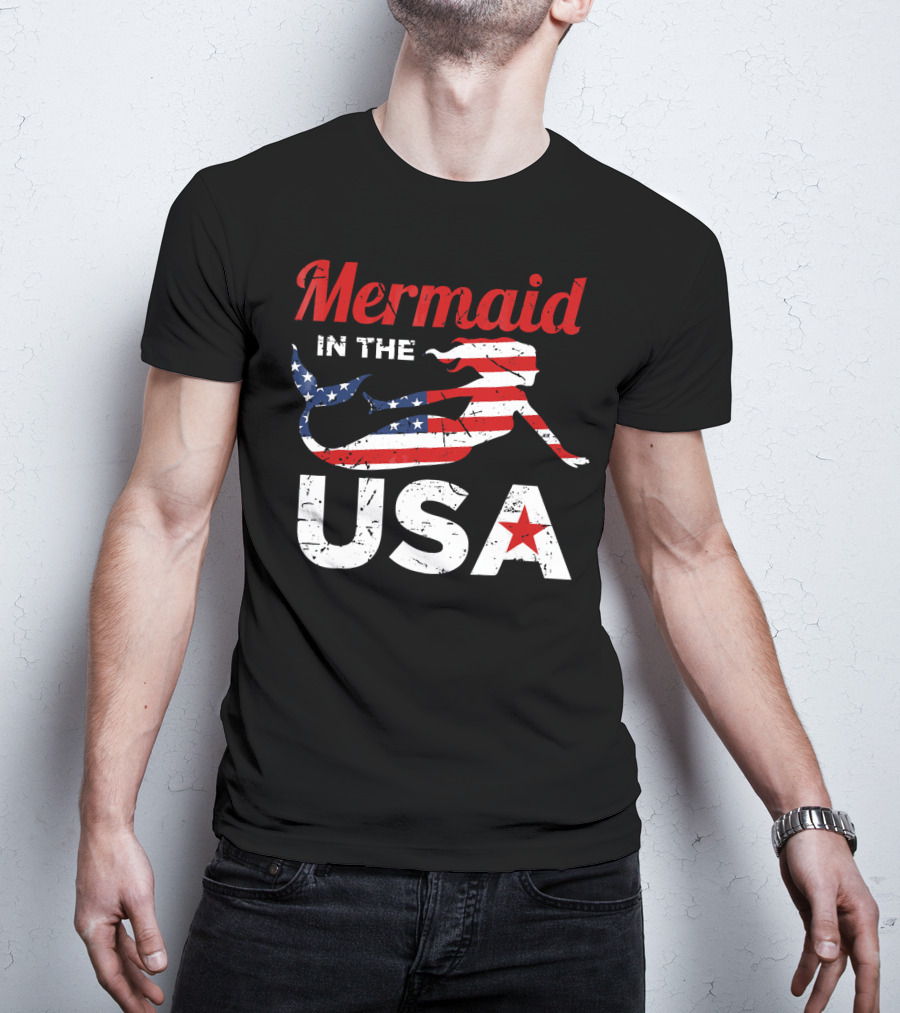 Mermaid In The USA American Flag T-Shirt