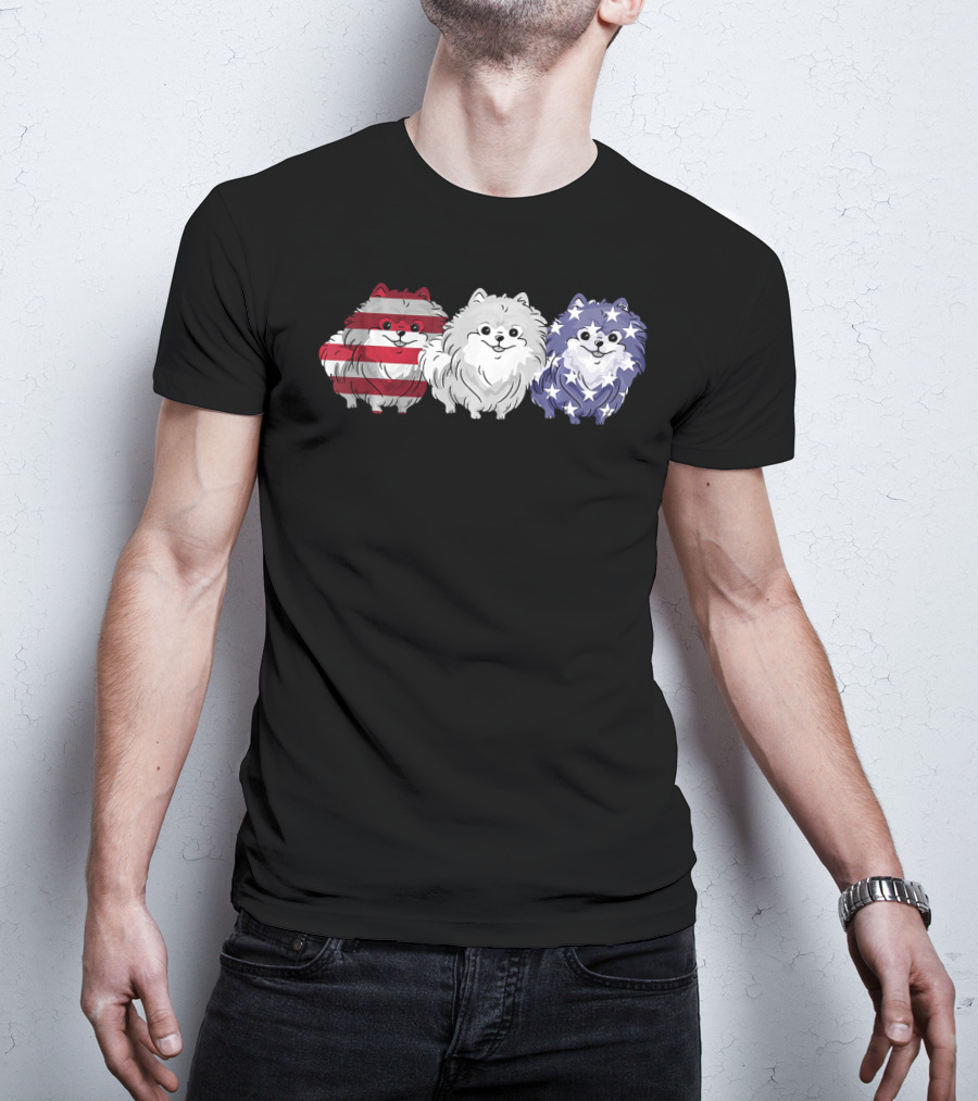 Patriotic Pomeranian Dog Lover American Flag Trio T-Shirt