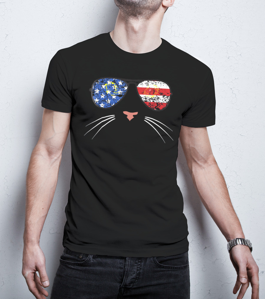 American Cat Face Stars Stripes USA Sunglasses T-Shirt