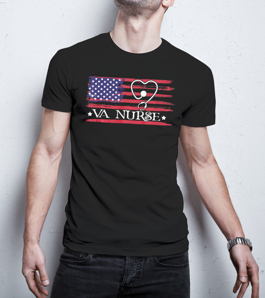 American Flag VA Nurse Heart Stethoscope Patriotic T-Shirt