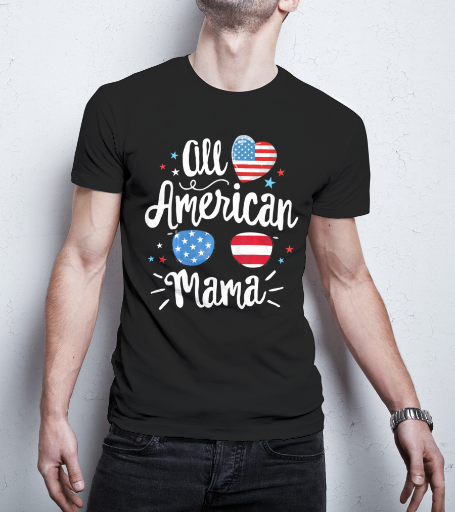 All American Mama Heart And Sunglasses With Flag Elements T-Shirt