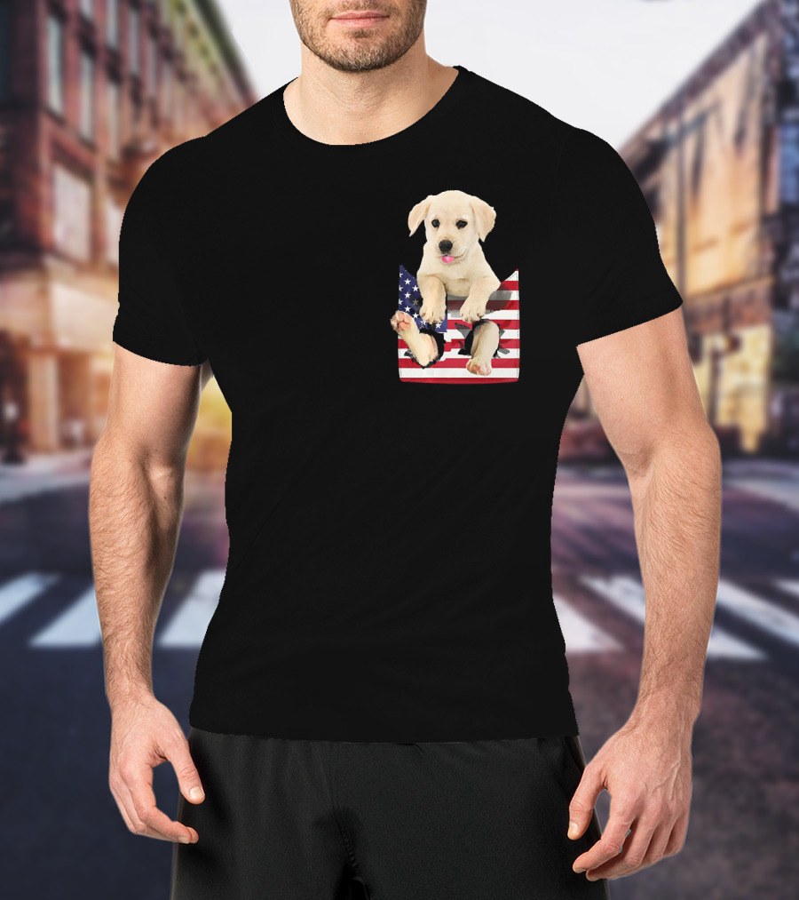 Labrador Puppy Sitting In American Flag Pocket T-Shirt
