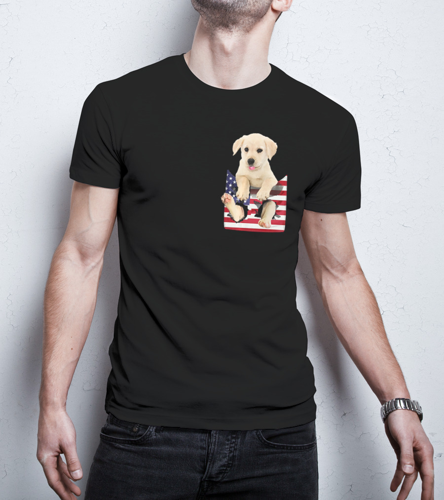 Labrador Puppy Sitting In American Flag Pocket T-Shirt