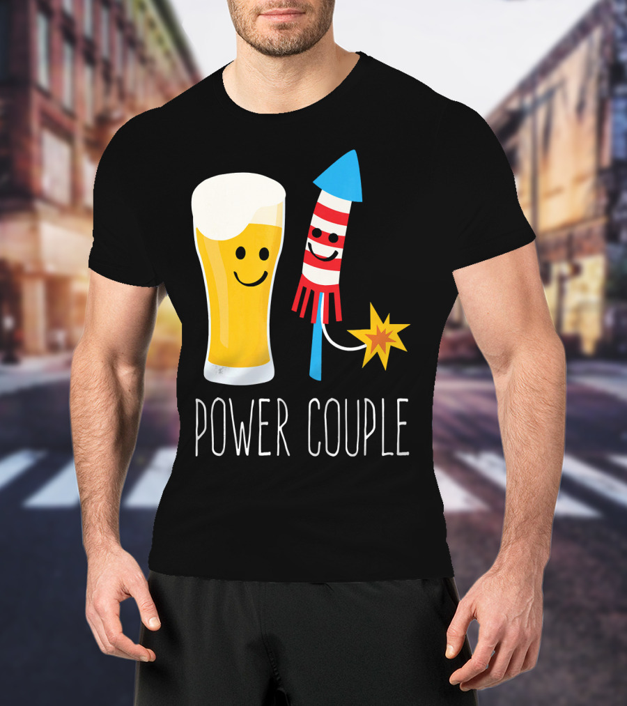 Beer And Fireworks Power Couple Smiling Glass And Rocket T-Shirt