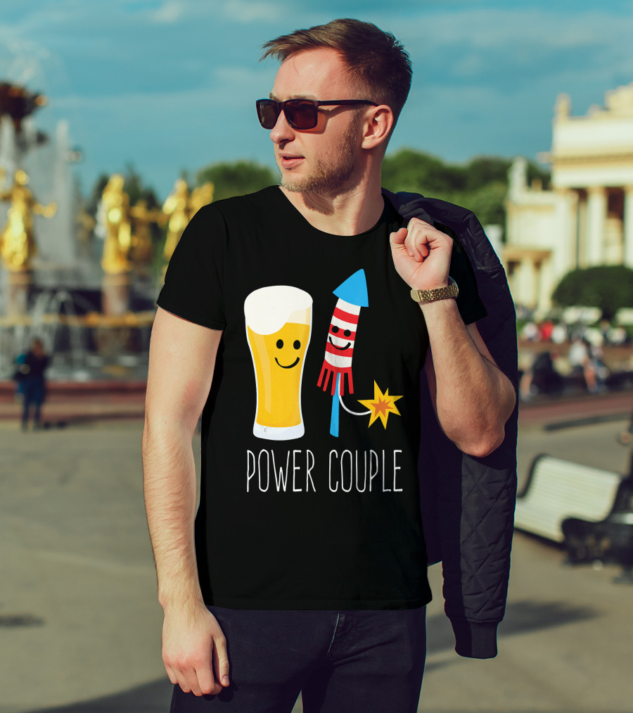 Beer And Fireworks Power Couple Smiling Glass And Rocket T-Shirt