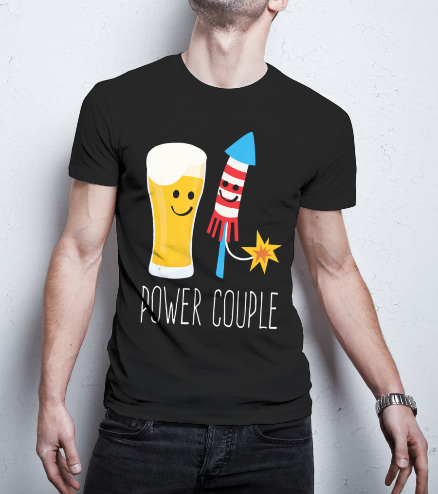 Beer And Fireworks Power Couple Smiling Glass And Rocket T-Shirt