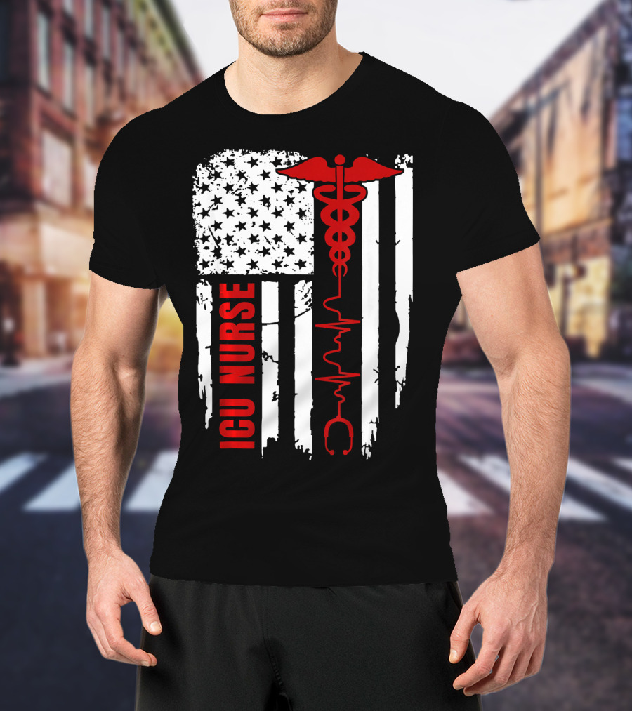 ICU Nurse American Flag Caduceus Heartbeat T-Shirt