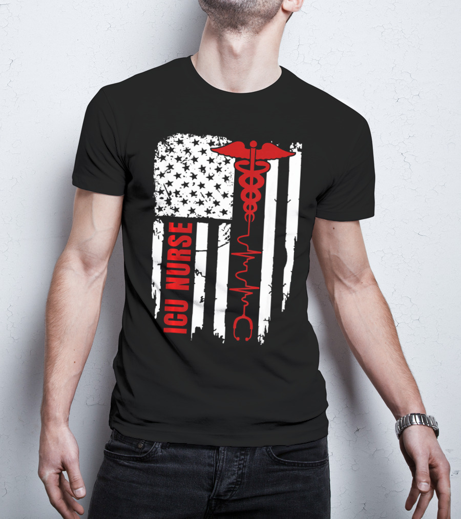 ICU Nurse American Flag Caduceus Heartbeat T-Shirt