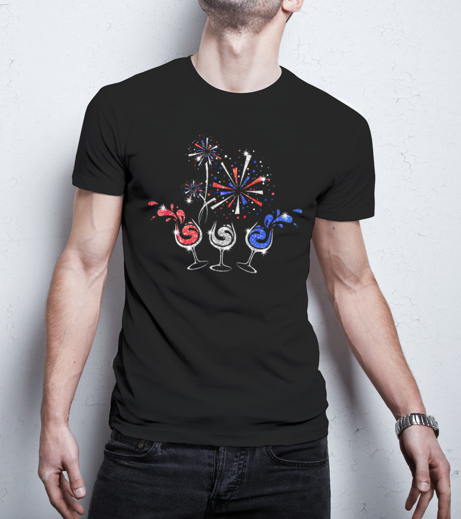 Red White And Blue Wine Glasses Fireworks T-Shirt