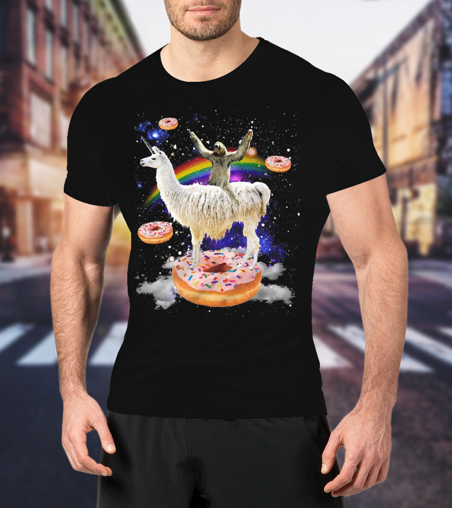 Space Adventure Sloth On Unicorn Llama With Floating Donuts And Rainbow T-Shirt