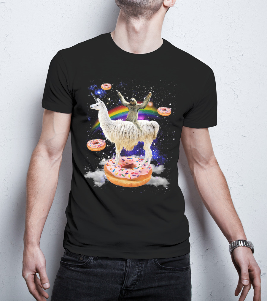 Space Adventure Sloth On Unicorn Llama With Floating Donuts And Rainbow T-Shirt