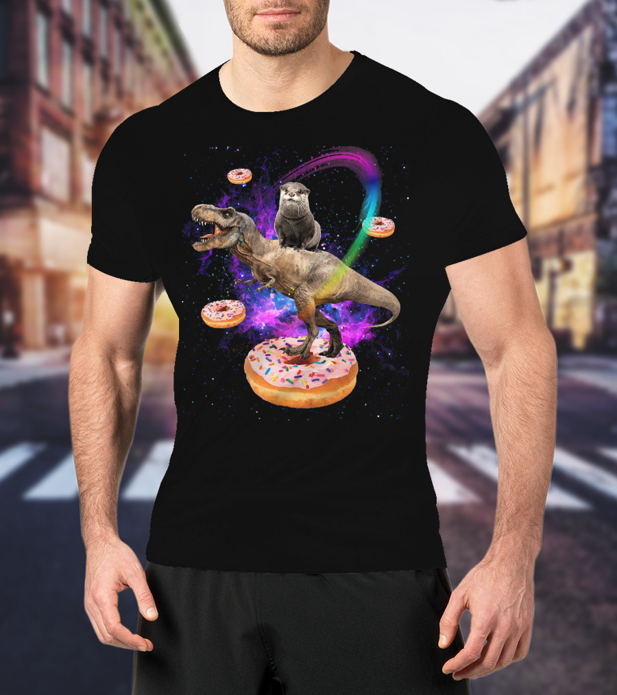 Space Otter On Dinosaur In Galaxy With Donuts T-Shirt