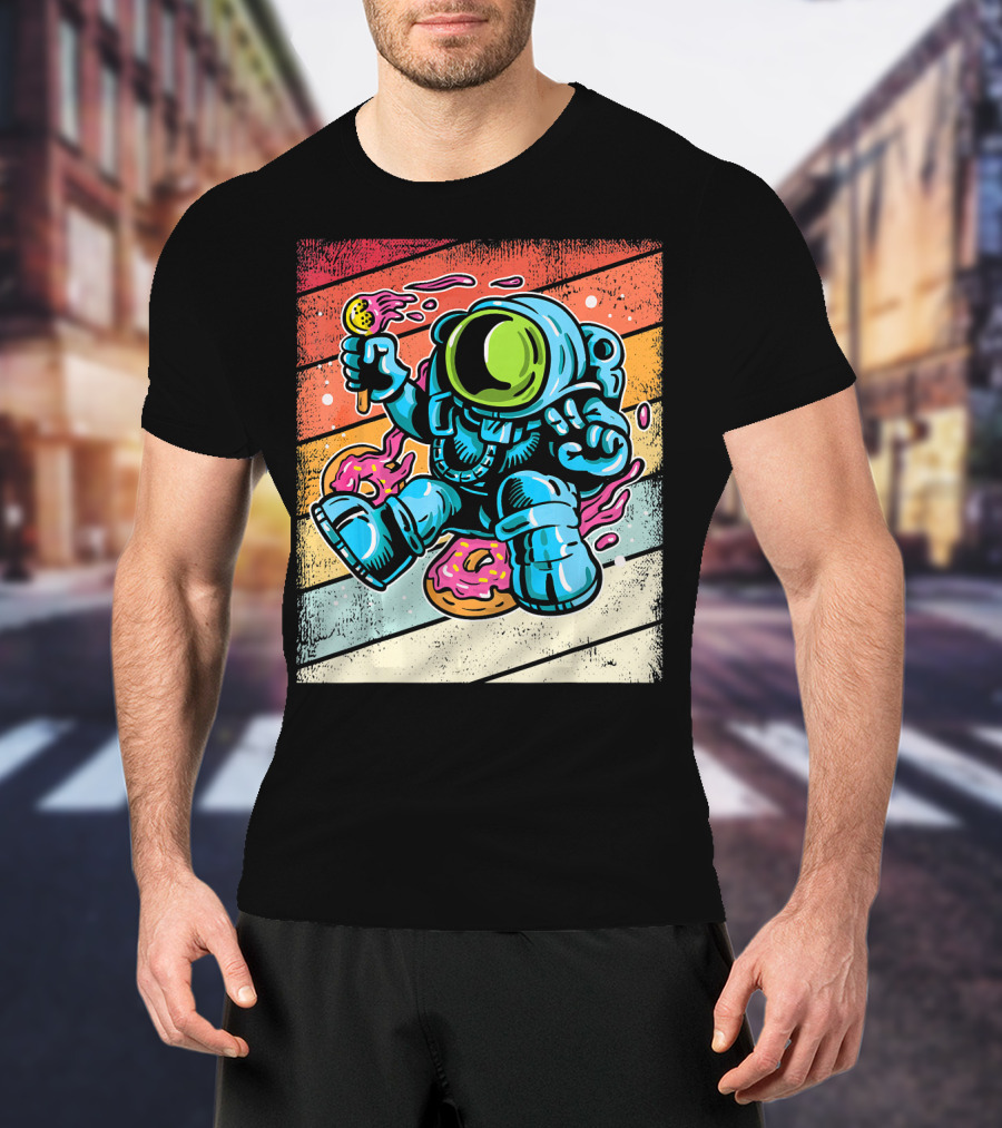 Astronaut Enjoying Ice Cream And Donuts In Retro Space Suit On Colorful T-Shirt