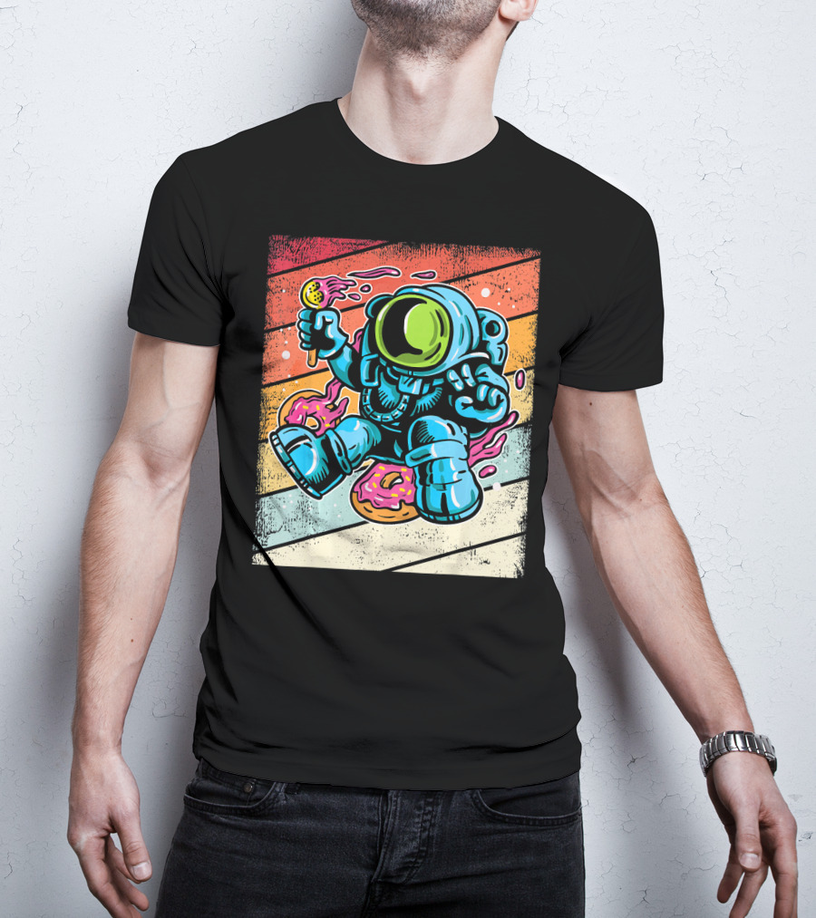Astronaut Enjoying Ice Cream And Donuts In Retro Space Suit On Colorful T-Shirt