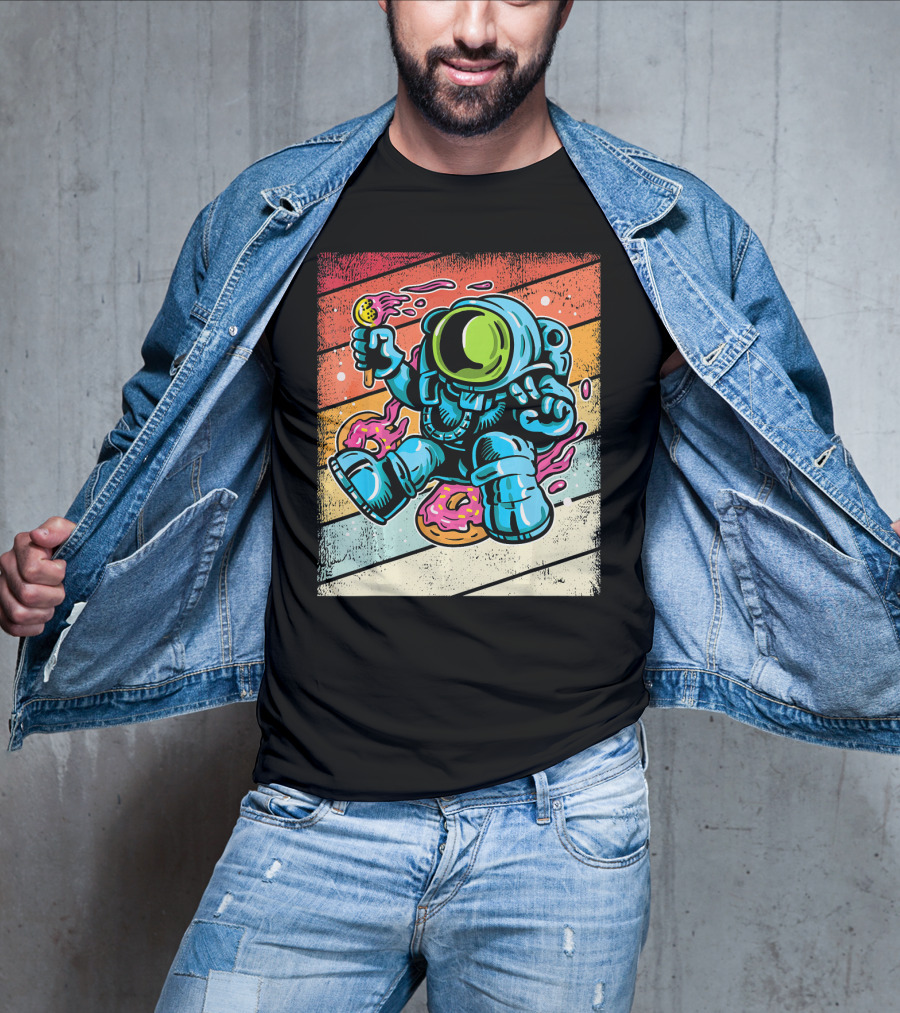 Astronaut Enjoying Ice Cream And Donuts In Retro Space Suit On Colorful T-Shirt