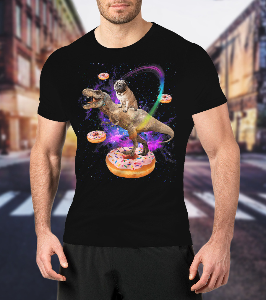 Space Pug Riding Dinosaur T-Rex With Donuts And Galactic Background T-Shirt