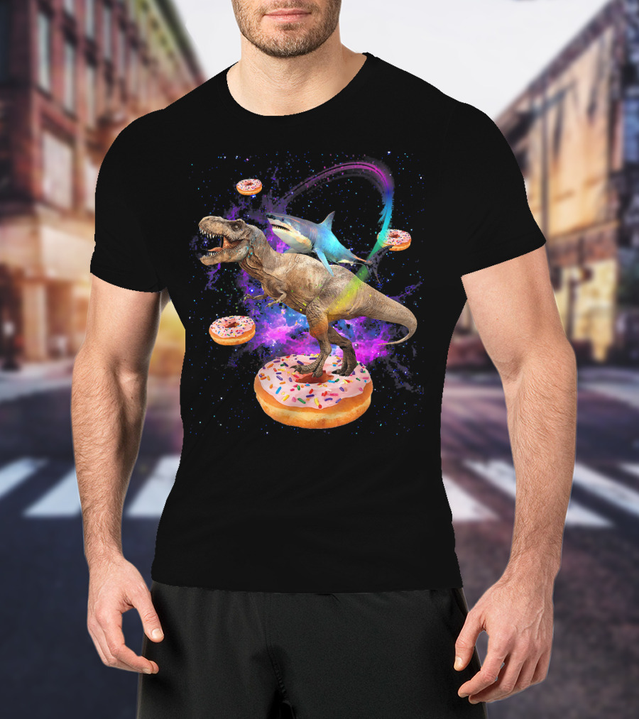 Space Shark And T-Rex Riding On Glazed Donut Galaxy T-Shirt