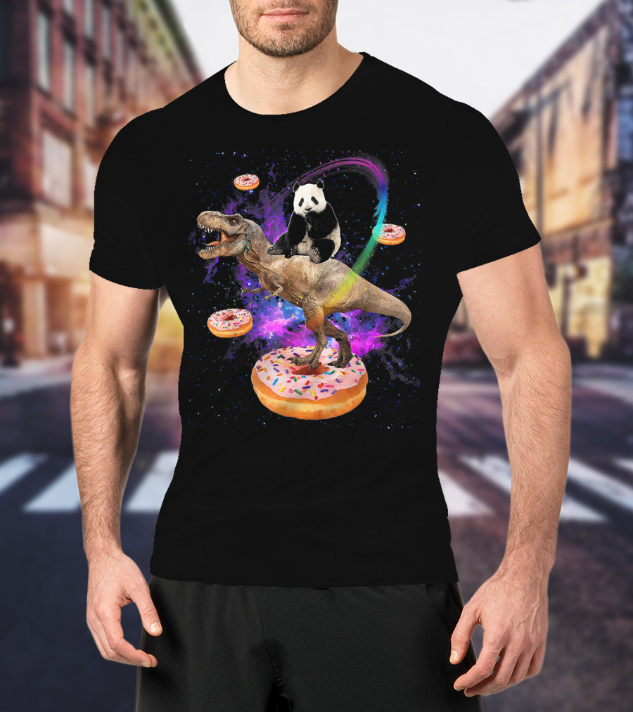 Space Panda Riding T-Rex On Sprinkled Donuts In Galaxy T-Shirt