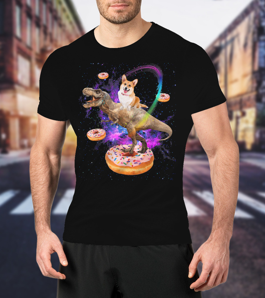 Space Corgi Riding Dinosaur Rex With Floating Donuts In Galaxy T-Shirt